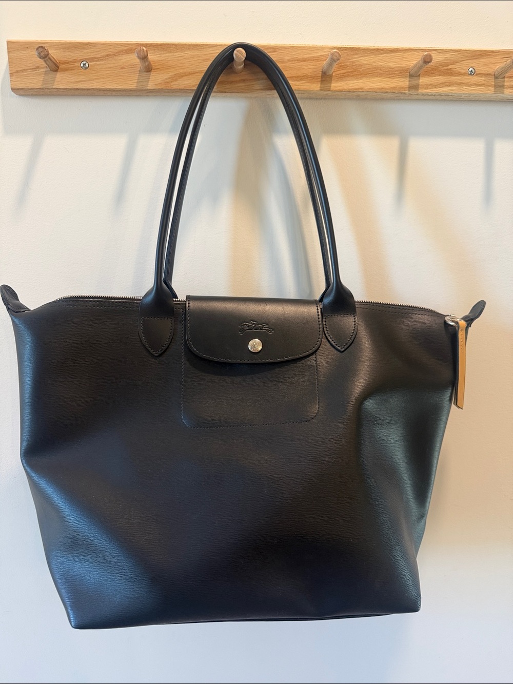 Longchamp Le Pliage Coated Canvas City Tote Large - black w/silver hardware